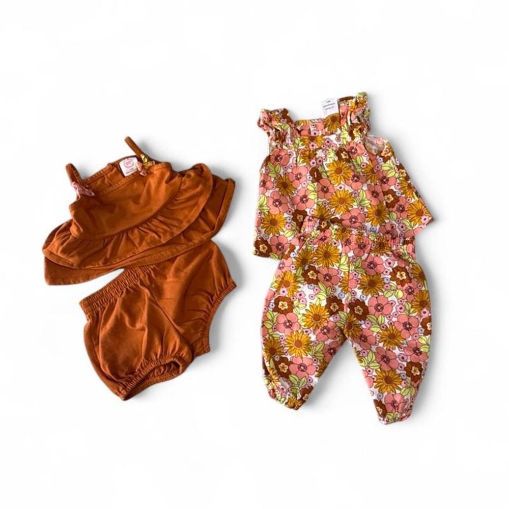 Wonder Nation Baby Girl 4 Piece Floral Outfit Set Rust Pink Boho 0-3M